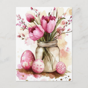Postale Carte de Pâques avec œufs de Pâques et fleurs