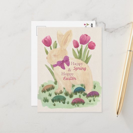 Postale Carte de Pâques Joyeuse et Printemps Heureux (Devant/Arrière en situation)
