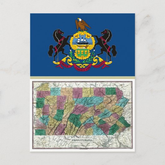 Postale Carte de Pennsylvanie et drapeau national (Devant)