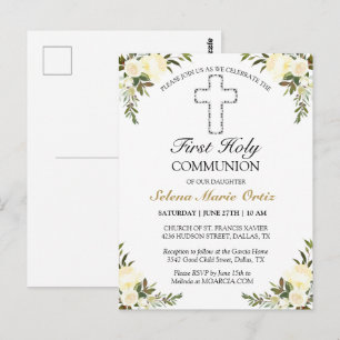 Postale Carte de première communion élégante avec motif fl