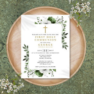 Postale Carte de rappel de première communion florale vert