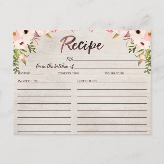 Postale Carte de recette Boho Rustic Floral Fête des marié (Devant)