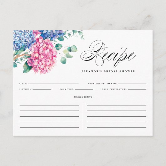Postale Carte de recette de Baby Shower Fleurs d'Hydrangea (Devant)