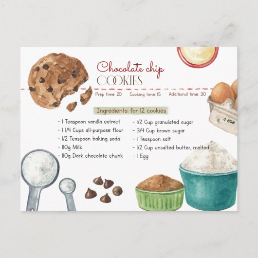 Postale Carte de recette de biscuits aux pépites de chocol (Devant)