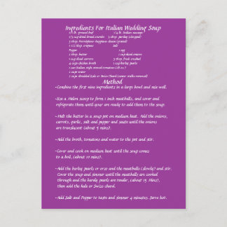 Postale Carte de recette de cadeau de Soupe de Mariage