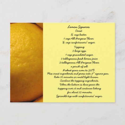 Postale Carte de recette de carrés au citron (Devant)