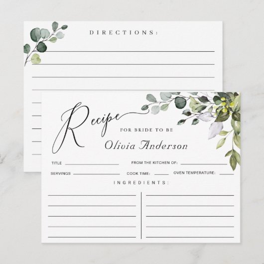 Postale Carte de recette de douche nuptiale à l'eucalyptus (Devant / Derrière)