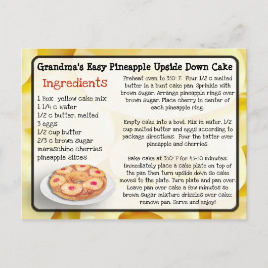 Postale Carte de recette de gâteau à l'envers pour ananas  (Devant)