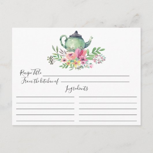 Postale Carte de recette de pot de thé vert floral (Devant)