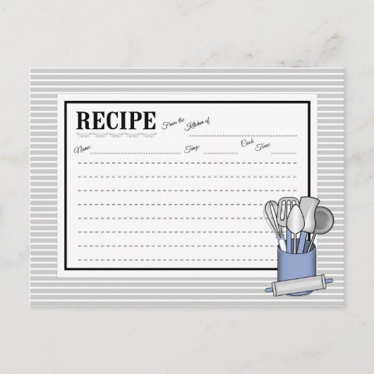 Postale Carte de recette d'ustensile de cuisine bleu Caddy (Devant)