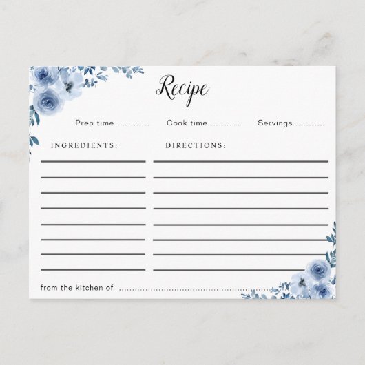 Postale carte de recette florale bleue (Devant)