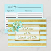 Postale Carte de recette mariage floral bleu et or (Devant / Derrière)