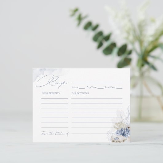 Postale Carte de recette thème plage corail bleu et coquil (Debout devant)