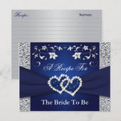 Postale Carte de recettes Navy Blue, Silver Floral Hearts (Devant / Derrière)
