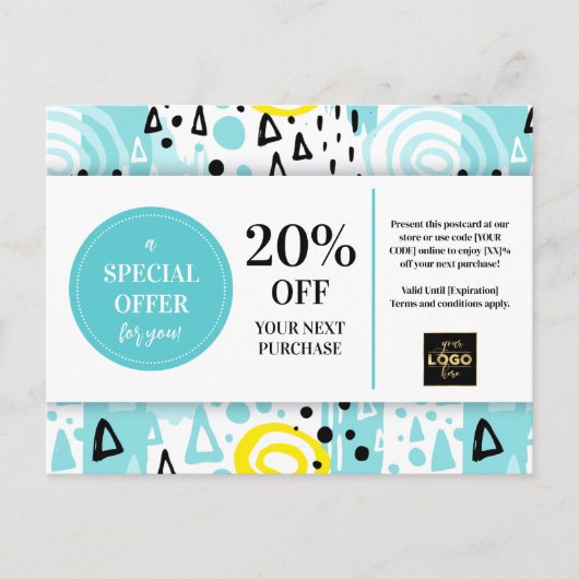 Postale Carte de réduction Coupon Jaune Bleu Motifs Abstra (Devant)