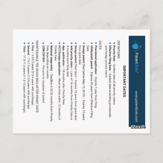 Postale Carte de référence rapide USPTO (Dos)