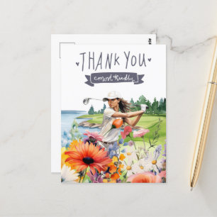 Postale Carte de remerciement de golf avec fleurs aquarell
