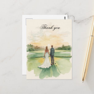 Postale Carte de remerciement de golf avec mariée et marié