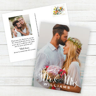 Postale Carte de remerciement de mariage avec écriture Mr 