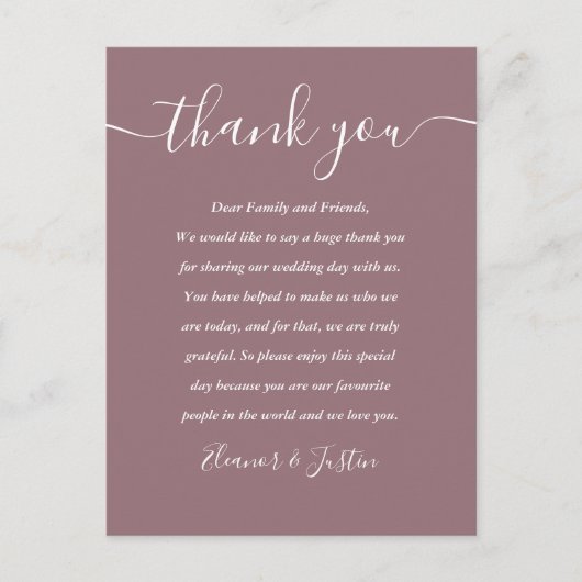 Postale Carte de remerciement de mariage mauve Script Than (Devant)