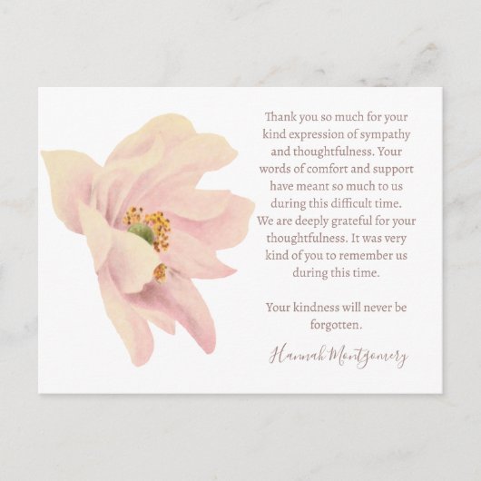 Postale Carte de remerciement funéraire à l'anémone rose,  (Devant)