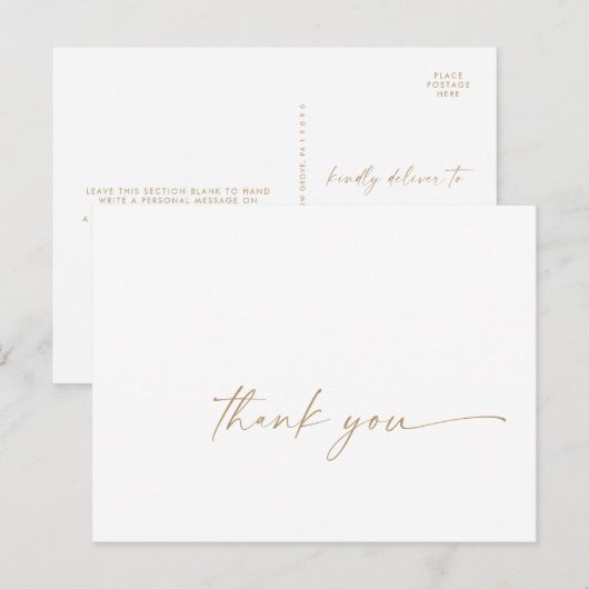 Postale Carte de remerciement moderne avec écriture dorée (Devant / Derrière)