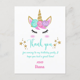 Postale Carte de remerciement pour l'anniversaire licorne 