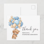 Postale Carte de remerciements à ballon BLEU Teddy Bear (Devant / Derrière)
