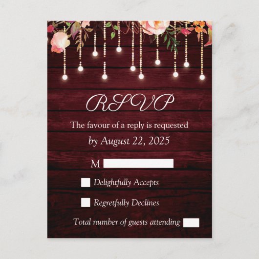 Postale Carte de réponse de mariage rustique en bois marro (Devant)