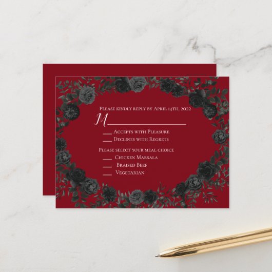 Postale Carte de réponse du Mariage gothique Rose rouge et (Devant/Arrière en situation)