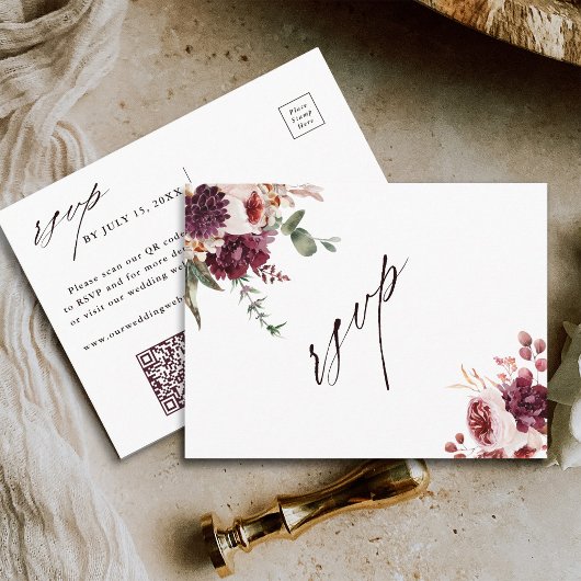 Postale Carte de réponse QR Code pour mariage floral Roman