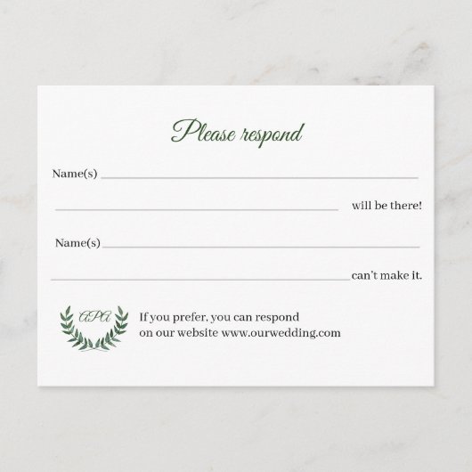 Postale Carte de réponse RSVP à motif de branches vertes (Devant)
