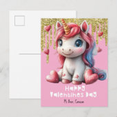 Postale Carte de Saint-Valentin Licorne Rose (Devant / Derrière)