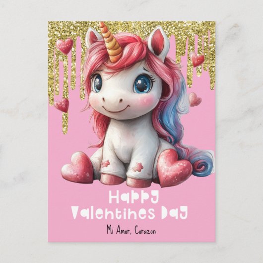 Postale Carte de Saint-Valentin Licorne Rose (Devant)