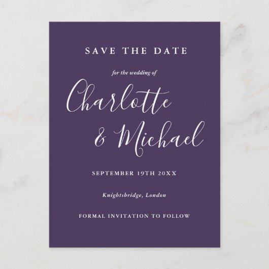 Postale Carte de sauvegarde de mariage violet de script à (Devant)