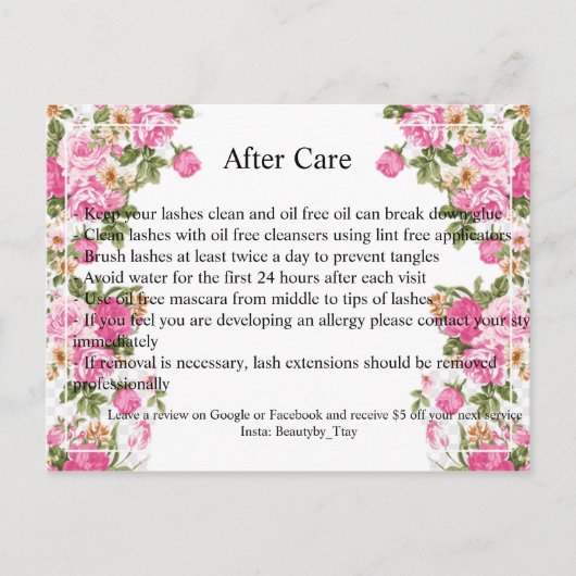 Postale Carte de soins après extension de cils (Devant)