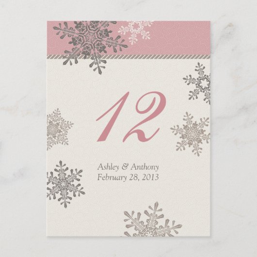 Postale Carte de table de mariage d'hiver Pink Ivory Snowf (Devant)