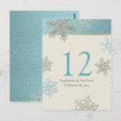 Postale Carte de table de mariage d'hiver Silver Blue Snow (Devant / Derrière)