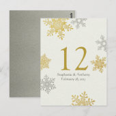 Postale Carte de table de mariage d'hiver Silver Gold Snow (Devant / Derrière)