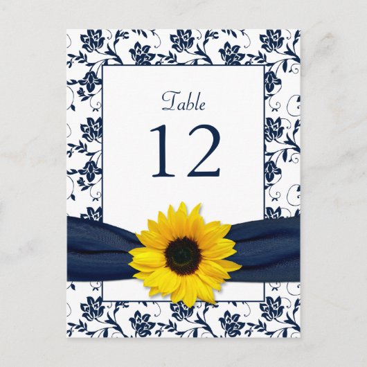 Postale Carte de table Navy White Sunflower Mariage damass (Devant)