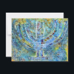 Postale Carte de voeux Blue Menorah (Vierge à l'intérieur)<br><div class="desc">L'oeuvre originale de cette menorah est une peinture mixte créée avec de la peinture acrylique,  de la pâte de modélisation et du papier de l'artiste juif contemporain Meredith Gould.</div>