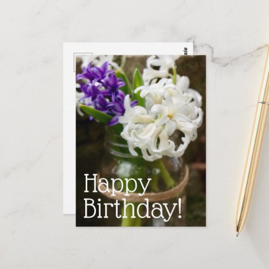 Postale Carte de vœux d'anniversaire à l'hyacinthe pourpre (Devant/Arrière en situation)