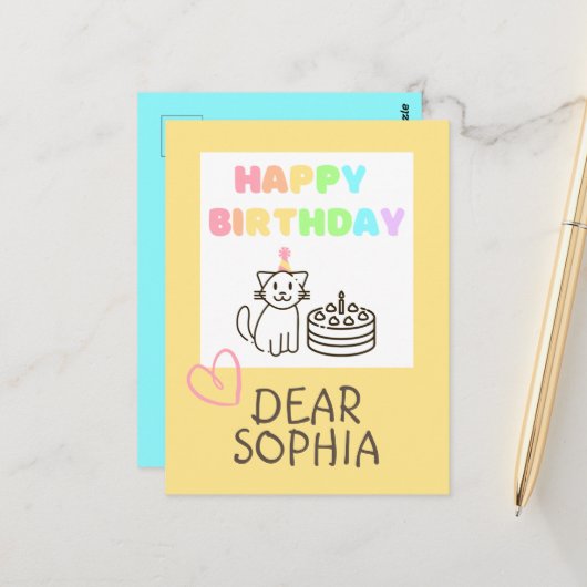 Postale Carte de vœux d'anniversaire féerique avec un chat (Devant/Arrière en situation)