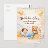 Postale Carte de vœux de naissance au bébé avec un ours en (Devant / Derrière)