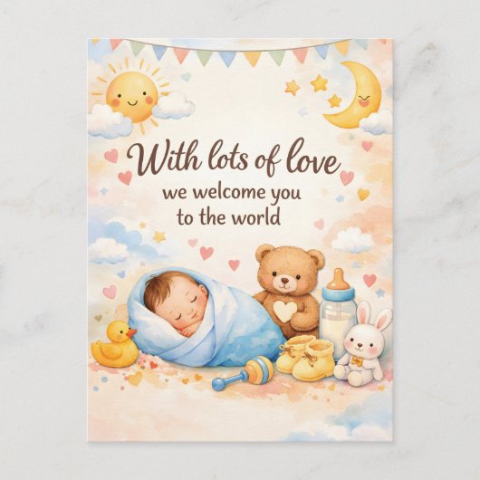 Postale Carte de vœux de naissance au bébé avec un ours en (Devant)