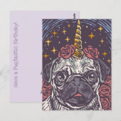 Postale Carte de vœux de pug licorne d'anniversaire (Devant / Derrière)