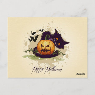 Postale Carte de vœux Halloween Chat noir et Citrouille