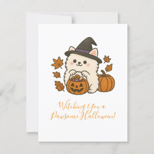 Postale Carte de voeux Halloween - Pomeranian avec chapeau
