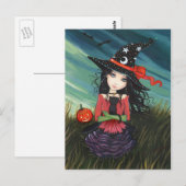 Postale Carte de vœux Halloween Sorcière Chat noir (Devant / Derrière)