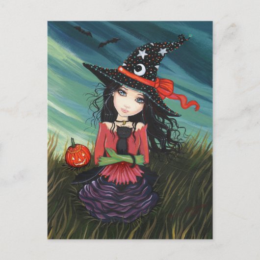 Postale Carte de vœux Halloween Sorcière Chat noir (Devant)